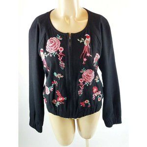 New York & Co Black Floral Bird Bomber Jacket L